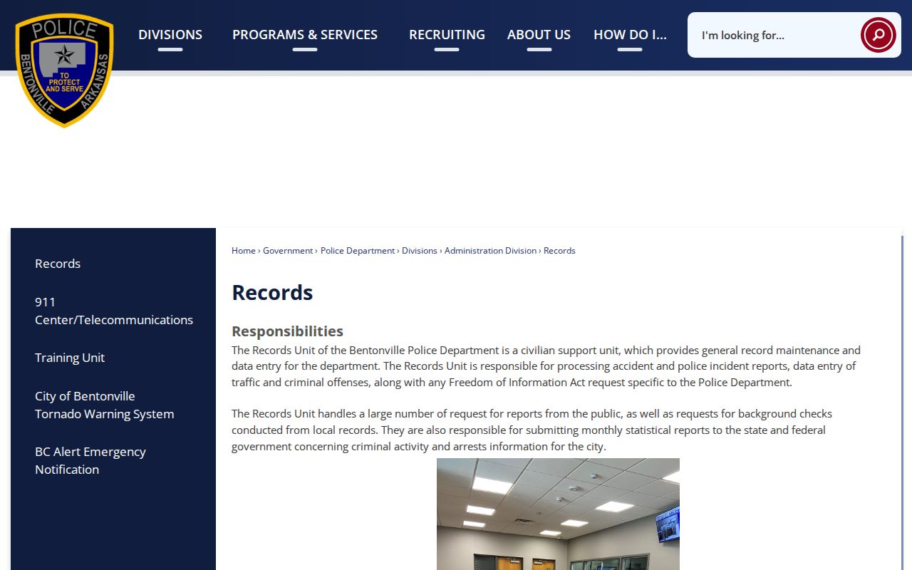 Bentonville Police Records page with JustFOIA instructions