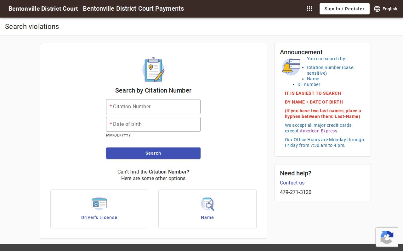 Benton County criminal case records Bentonville District Court search page