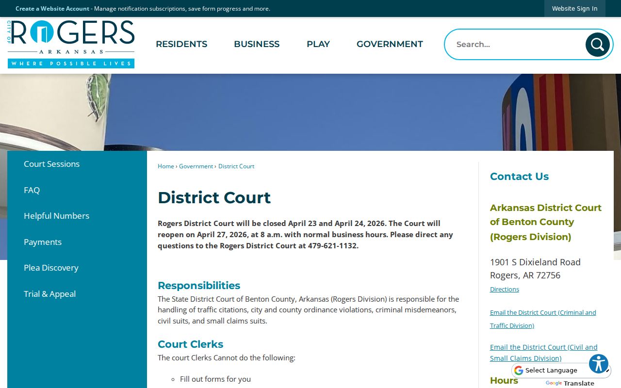 Benton County criminal case records Rogers District Court responsibilities